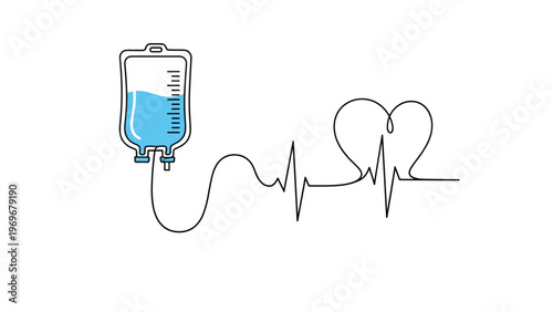 Conceptual line drawing of an intravenous IV bag connected to a heart rate monitor line that forms a heart shape for medical care.