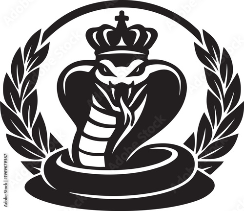 A bold black and white emblem featuring a regal cobra snake wearing a crown inside a laurel wreath Vector, illustration