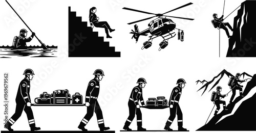 Set of Professional Rescue Team Silhouettes, Paramedics with Stretchers, Mountain Climbing Medics, and Emergency Helicopter for Industrial Safety Design, Black Vector