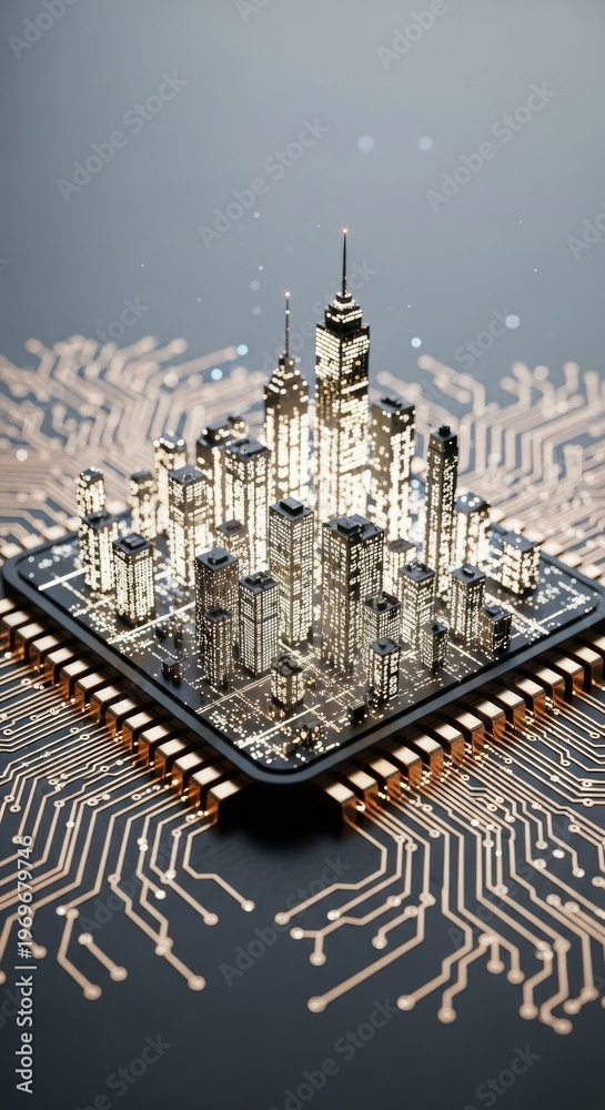 Obraz premium Futuristic smart city model glowing on a microchip integrated into a circuit board motherboard system