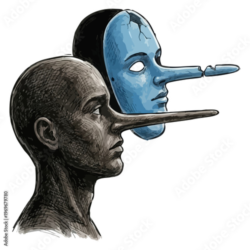 Mask of deception: illustration of man with long nose wearing cracked blue mask. Double dishonesty concept: liar hiding behind the mask of another liar, symbol of hypocrisy and fake identity