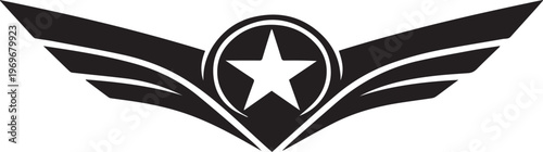 A black and white graphic design featuring a central star enclosed in a circle with wing motifs Vector, illustration