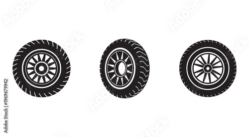 Three black car tires with different tread patterns on white background  vehicle wheels