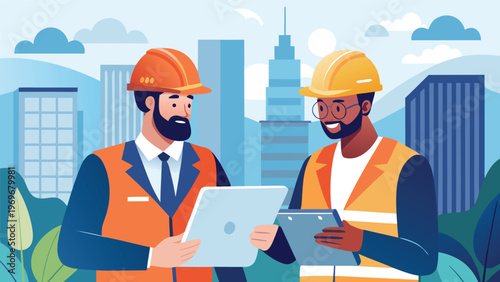 Workers in safety helmets discuss project details in a city setting with buildings and trees around them during the day