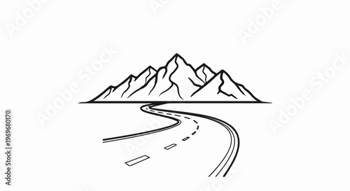 Winding road leads to majestic mountain range, stark black and white illustration
