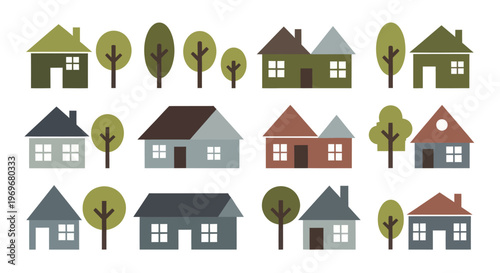 Collection of various charming houses and trees in a flat, simple style.