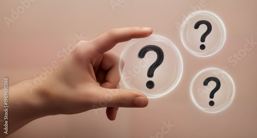 Plakat hand holding question marks in glowing bubbles, problem solving concept.