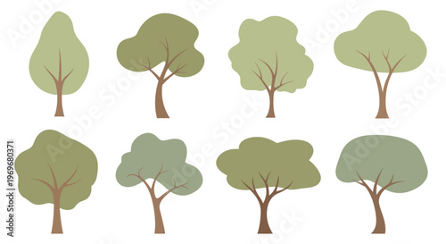 Collection of various green trees with different shapes and sizes.