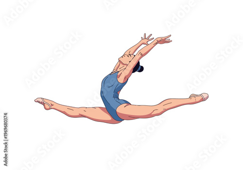 Elegant gymnast performs a graceful split leap with arms extended upwards during a dynamic floor routine