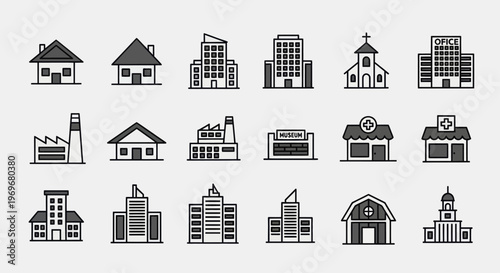 Collection of various pixel art buildings and structures in a grid layout.