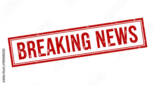 Breaking news red rubber stamp vector. Grungy weathered news alert seal. Distressed urgent announcement sign.