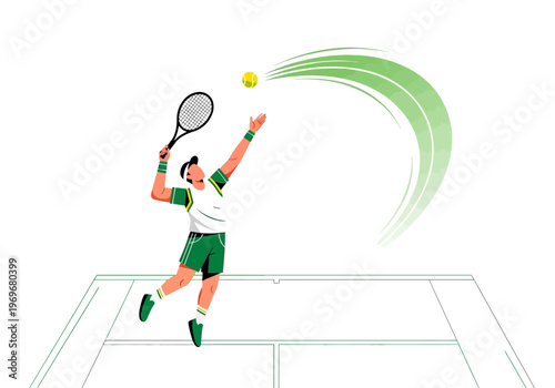 A professional tennis player in a white shirt and green shorts serves the ball on a tennis court with a curved green line indicating the ball's trajectory