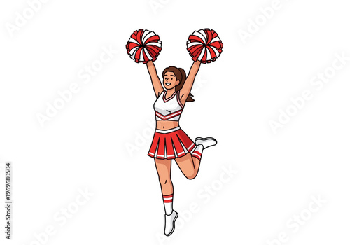 Energetic cheerleader with pom-poms at a sports event, dressed in a sporty outfit, jumping with joy and excitement
