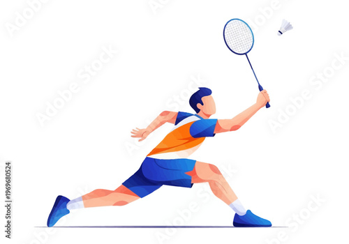 Illustration of a male badminton player in action during a match