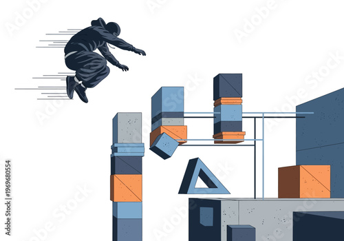 Man performing parkour jump over obstacles in urban setting
