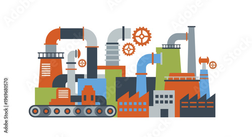 Colorful Industrial Factory Complex with Pipes and Gears.