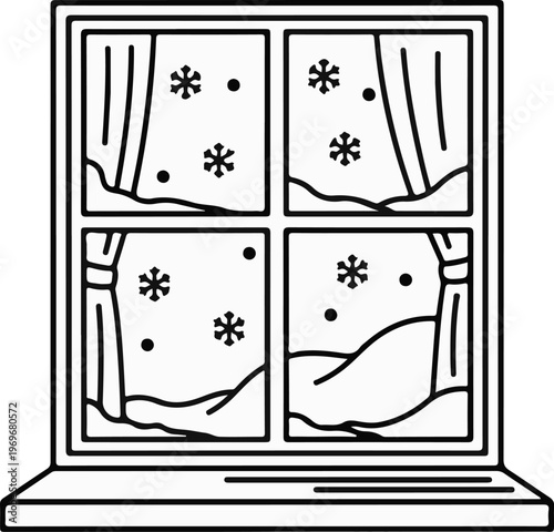 Window pane view of falling snowflakes and snowy landscape, with curtains
