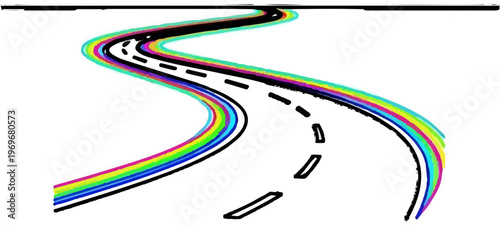 Winding road with colorful edges and dashed lane markers