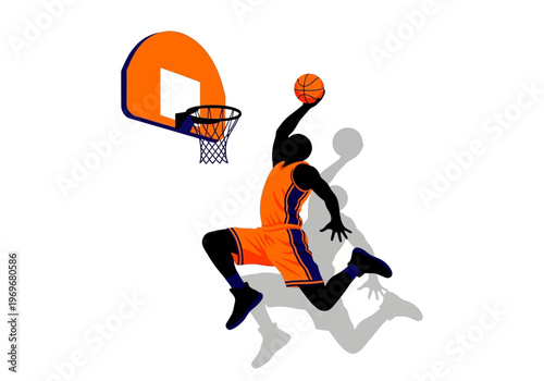 Basketball player jumping to dunk the ball into the hoop with dramatic shadow