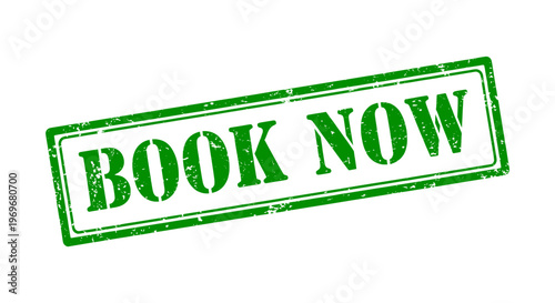 Green Book Now rubber stamp vector, distressed grunge texture seal, booking call to action icon for travel and service