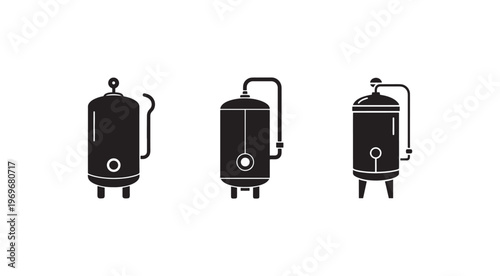 Three black cylindrical industrial tanks with pipes and legs  industrial equipment  factory  machinery