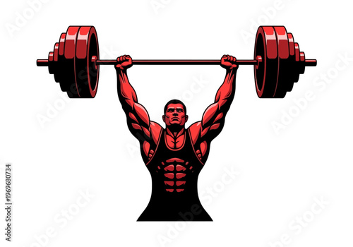 A muscular bodybuilder powerfully lifting a heavy barbell overhead in a bold, graphic illustration of strength and fitness