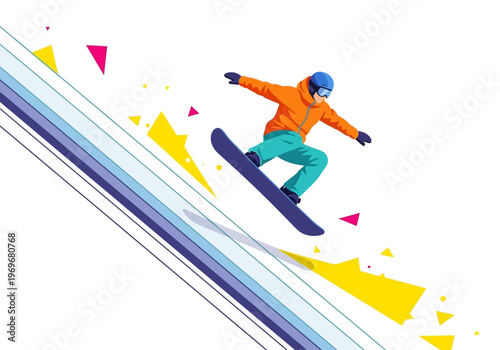 Dynamic illustration of a snowboarder in mid-air, embodying the thrill of winter sports and extreme adventure