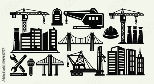 Construction and engineering industry tools and buildings silhouettes.