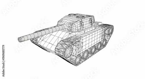 Wireframe 3D model of a military tank, viewed from the front right