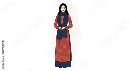 Young woman in traditional red and blue outfit, illustration