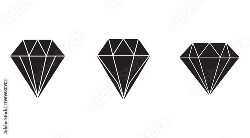 Three black diamond shapes with white lines on white background  gemstone icons