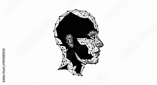 Wireframe head with circuit board patterns inside