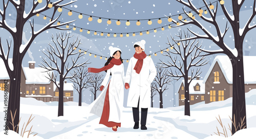 Couple walking in snowy village at winter holiday season