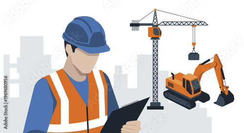 Construction Worker in Hard Hat and Safety Vest Reviewing Plans.