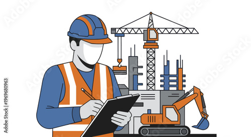 Construction worker in safety vest and hard hat holding clipboard.