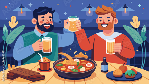 Friends enjoy food and drinks at a table in a restaurant during the evening while celebrating a good time together