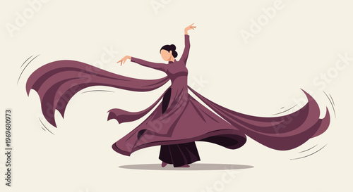 Graceful dancer in flowing purple dress, spinning with arms outstretched
