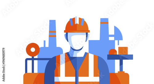 Construction worker in safety vest and hard hat illustration.