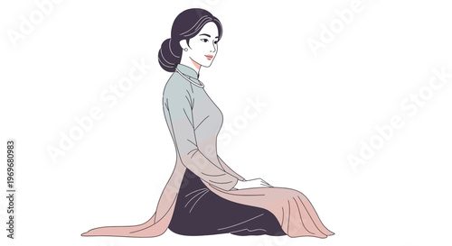 Elegant Vietnamese woman in traditional ao dai dress, sitting pose, white background