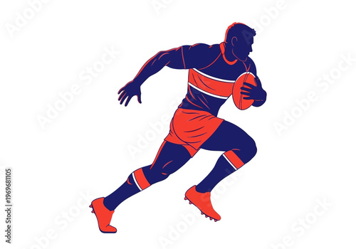 Rugby Player Running with Ball in Red and Blue Uniform - Illustration