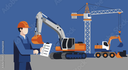 Construction worker with checklist overseeing heavy machinery.