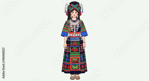 Traditional Hmong Woman in Elaborate Ethnic Costume and Headdress