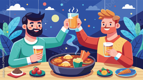 Two friends celebrate together with drinks and food at night in a cozy outdoor setting