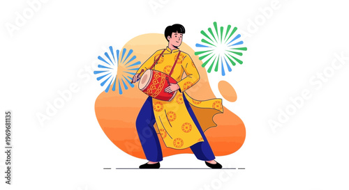 Man Playing Drum with Fireworks