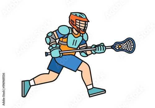 Illustration of an athlete playing the sport of lacrosse, wearing protective gear and holding a lacrosse stick