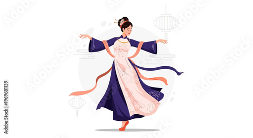 Traditional Chinese dancer in elegant costume with flowing sleeves and ribbons