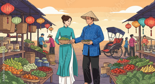 Vietnamese couple at traditional market with fresh produce, ao dai, conical hats