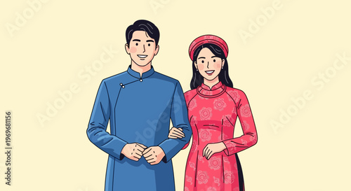 Vietnamese couple in traditional áo dài attire, celebrating culture and unity.