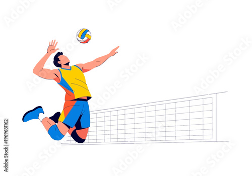 Dynamic illustration of a male volleyball player in mid-air, executing a powerful spike over the net
