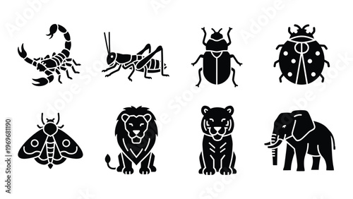 A collection of black silhouettes depicting various animals and insects including a scorpion lion and elephant silhouette high quality professional detailed